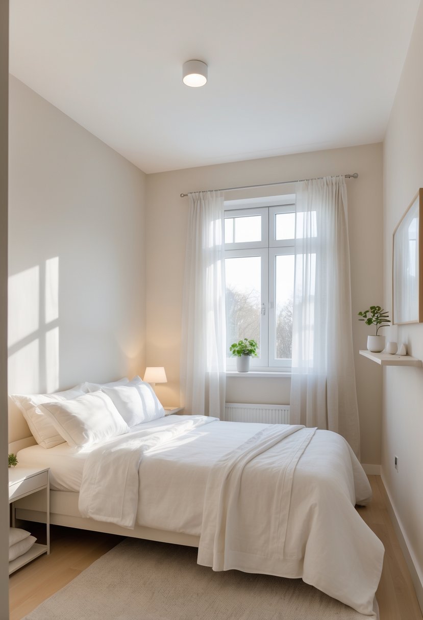A small double bedroom with light-colored walls, a double bed, natural light from a window, and minimal furniture.
