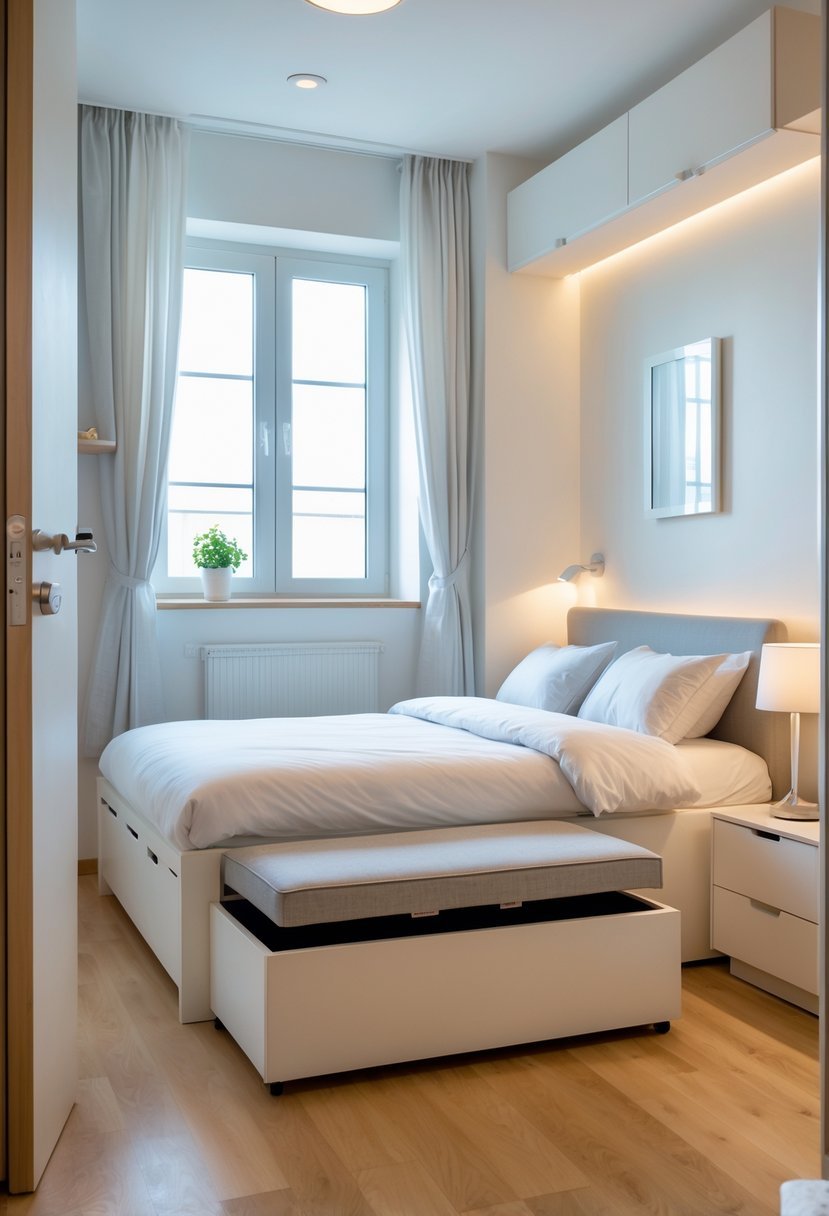 Small double bedroom with a bed that has drawers underneath and a storage ottoman at the foot of the bed.