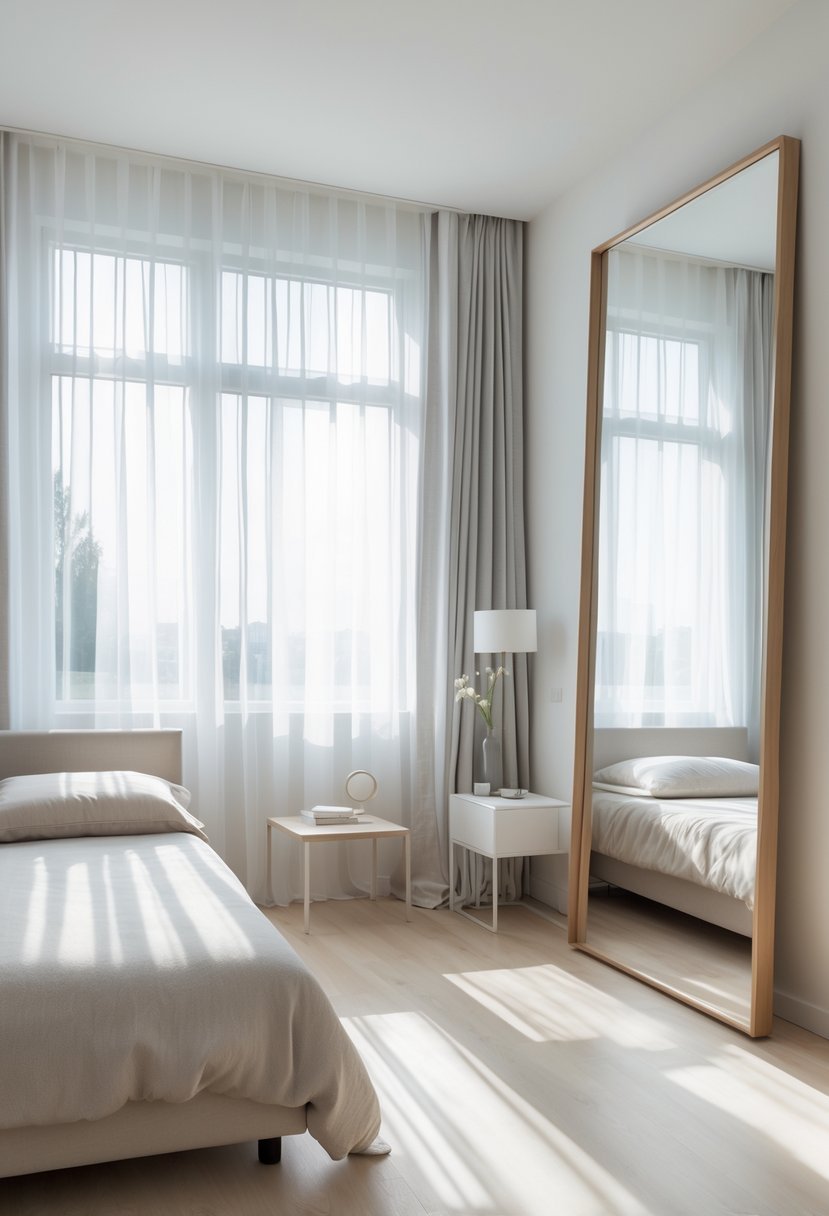 Small double bedroom with a window and a mirror reflecting natural light, a double bed, and simple decor.