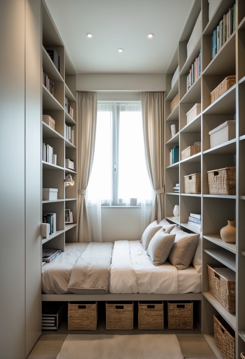 Small double bedroom with tall shelving units used for vertical storage, a bed, and natural light coming through a window.