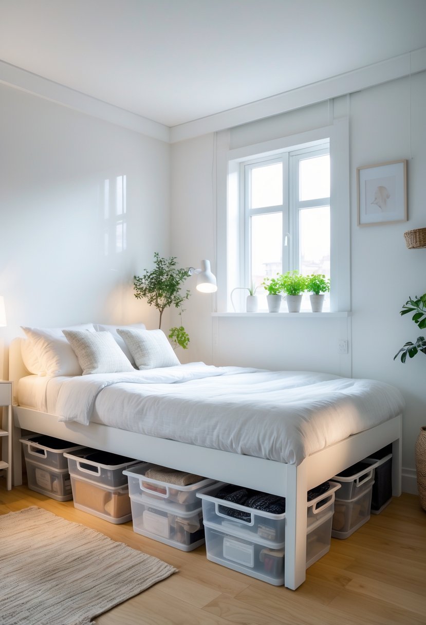 A small double bedroom with a bed and clear storage containers neatly placed under the bed to maximize space.