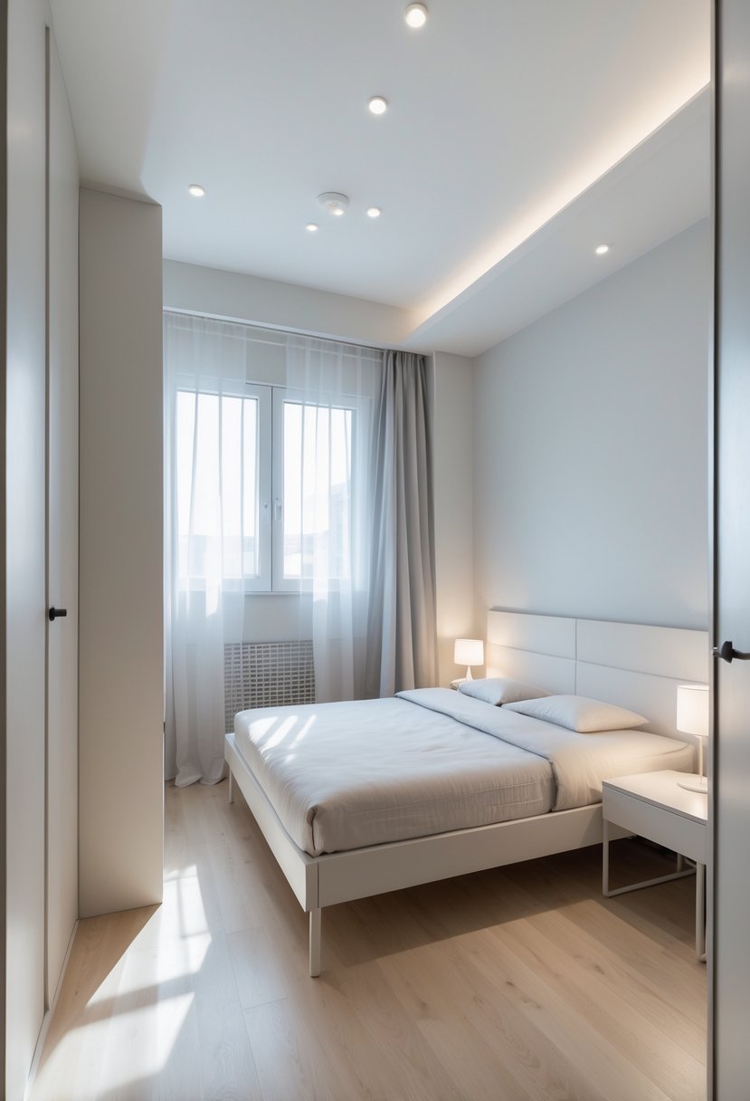 A small double bedroom with a bed, bedside table, wardrobe, and natural light coming through a window.