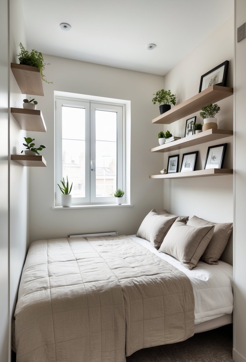 A small double bedroom with floating shelves on the walls displaying decor, and a neatly made bed.