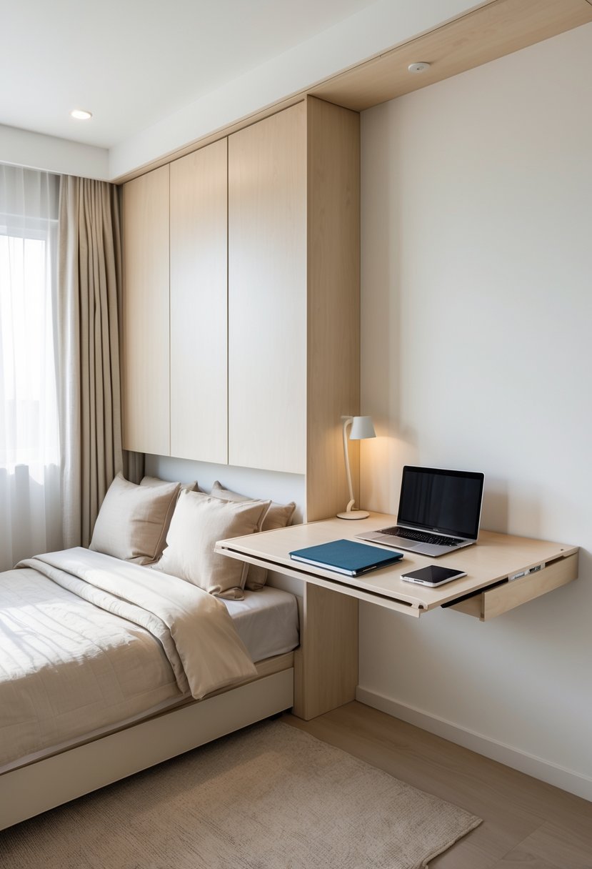Small double bedroom with a fold-down desk integrated into the wall, showing a bed and a workspace with a laptop and lamp.