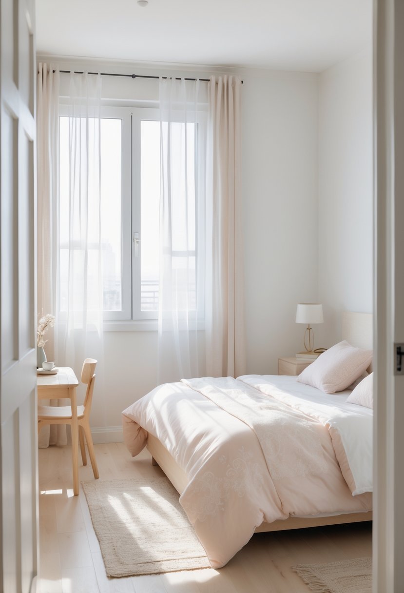 A small double bedroom with light-colored bedding and subtle patterns, natural light from a window, and minimalist furniture.