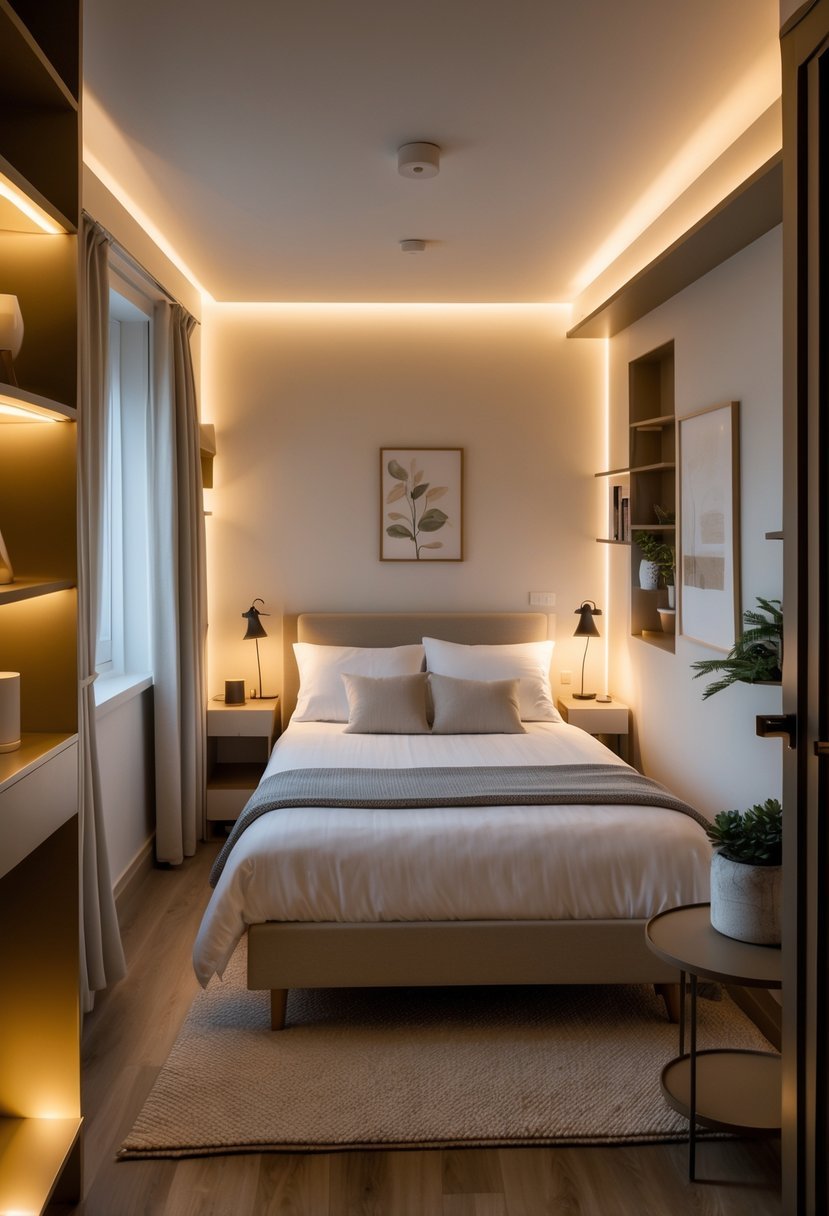 A small double bedroom with layered lighting including ambient ceiling light, bedside lamps, and accent lights highlighting decor.