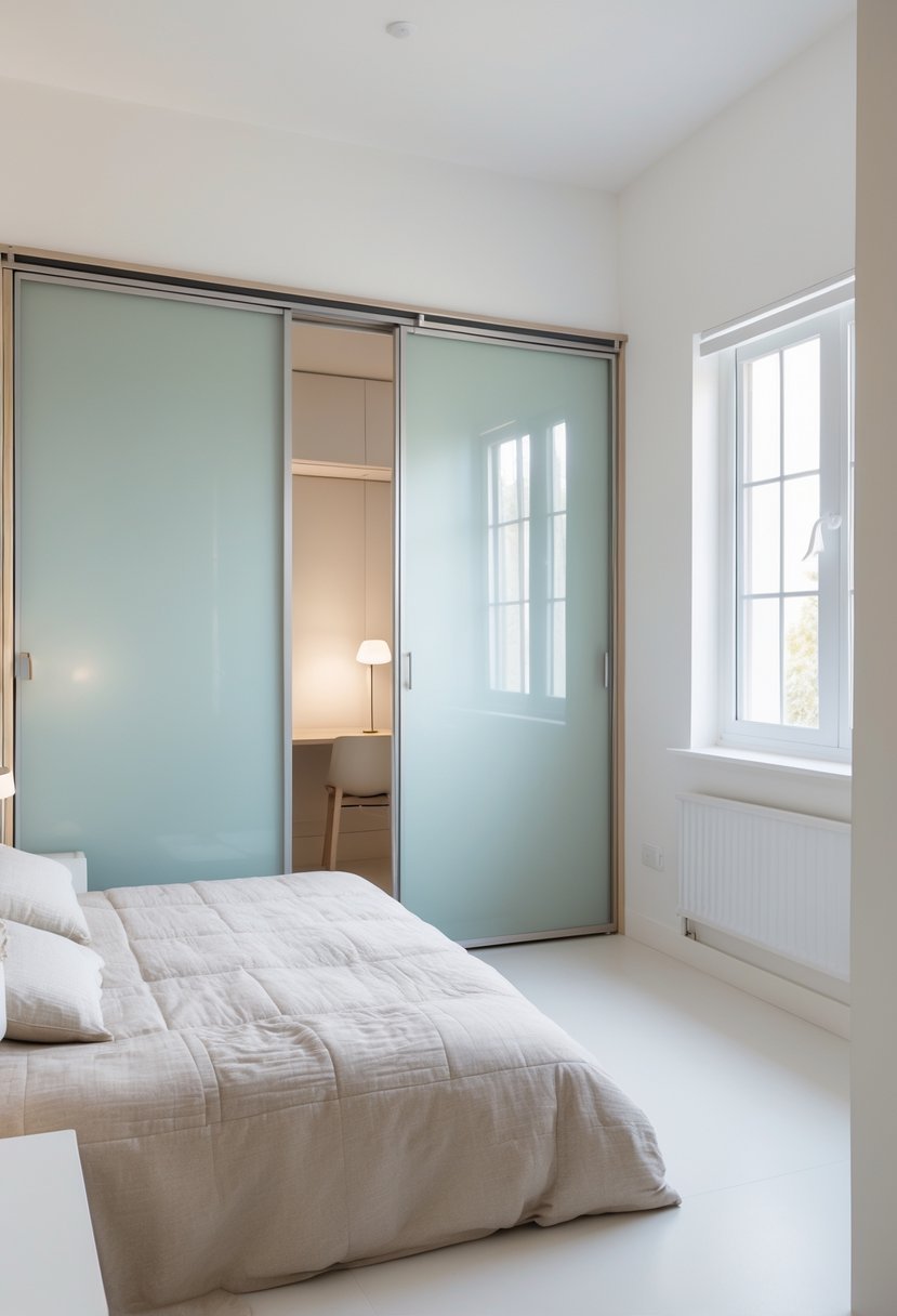 A small double bedroom with sliding closet doors, a double bed, and minimalist furniture.