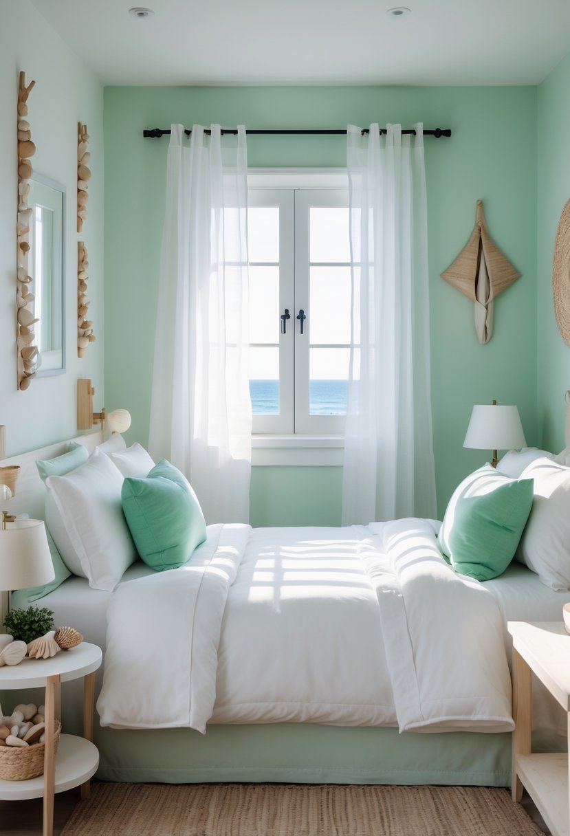 A small double bedroom with seafoam green walls, white bedding, and coastal-themed decor including seashells and driftwood.
