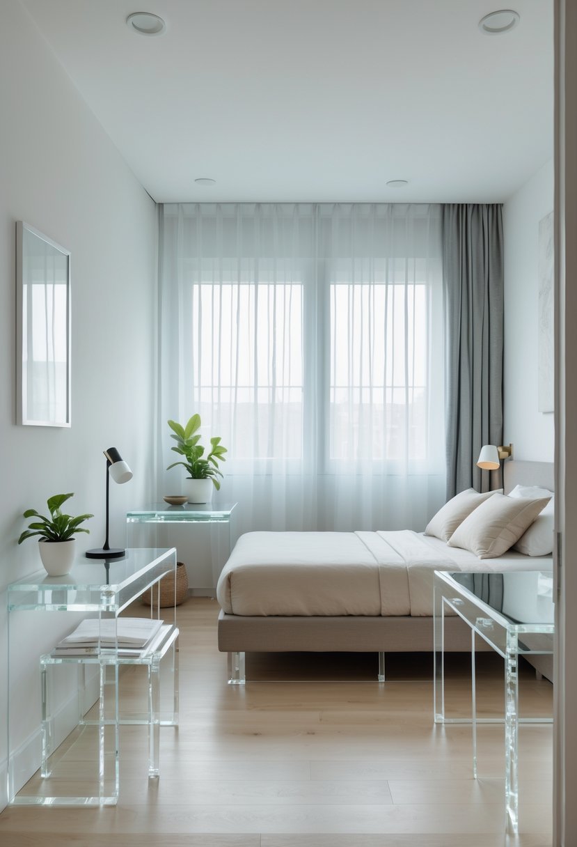 A small double bedroom with a double bed, clear acrylic furniture, and large windows letting in natural light.
