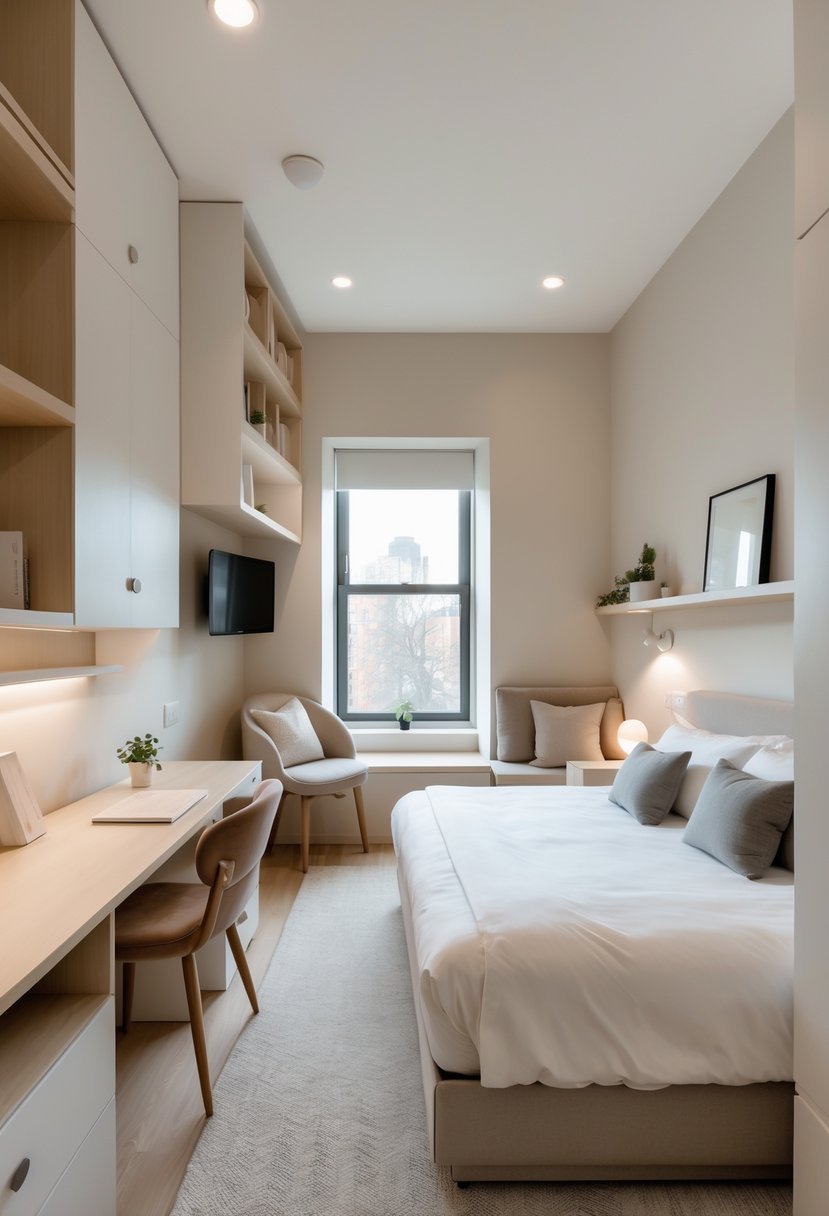 A small double bedroom with a bed, a reading corner with an armchair, and a desk area arranged to create separate zones and clear pathways.