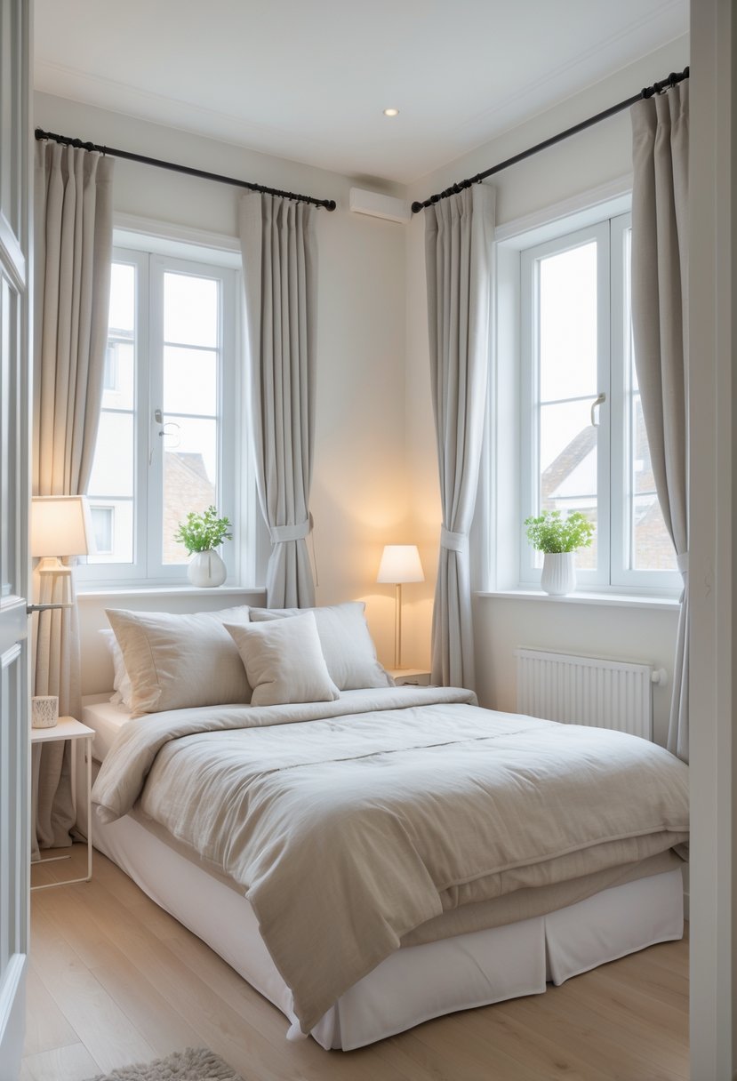 A small double bedroom with a bed, tall windows with curtains hung close to the ceiling, and natural light filling the room.