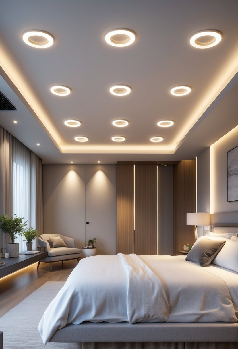 A modern bedroom with a large bed and multiple round LED recessed ceiling lights glowing warmly.