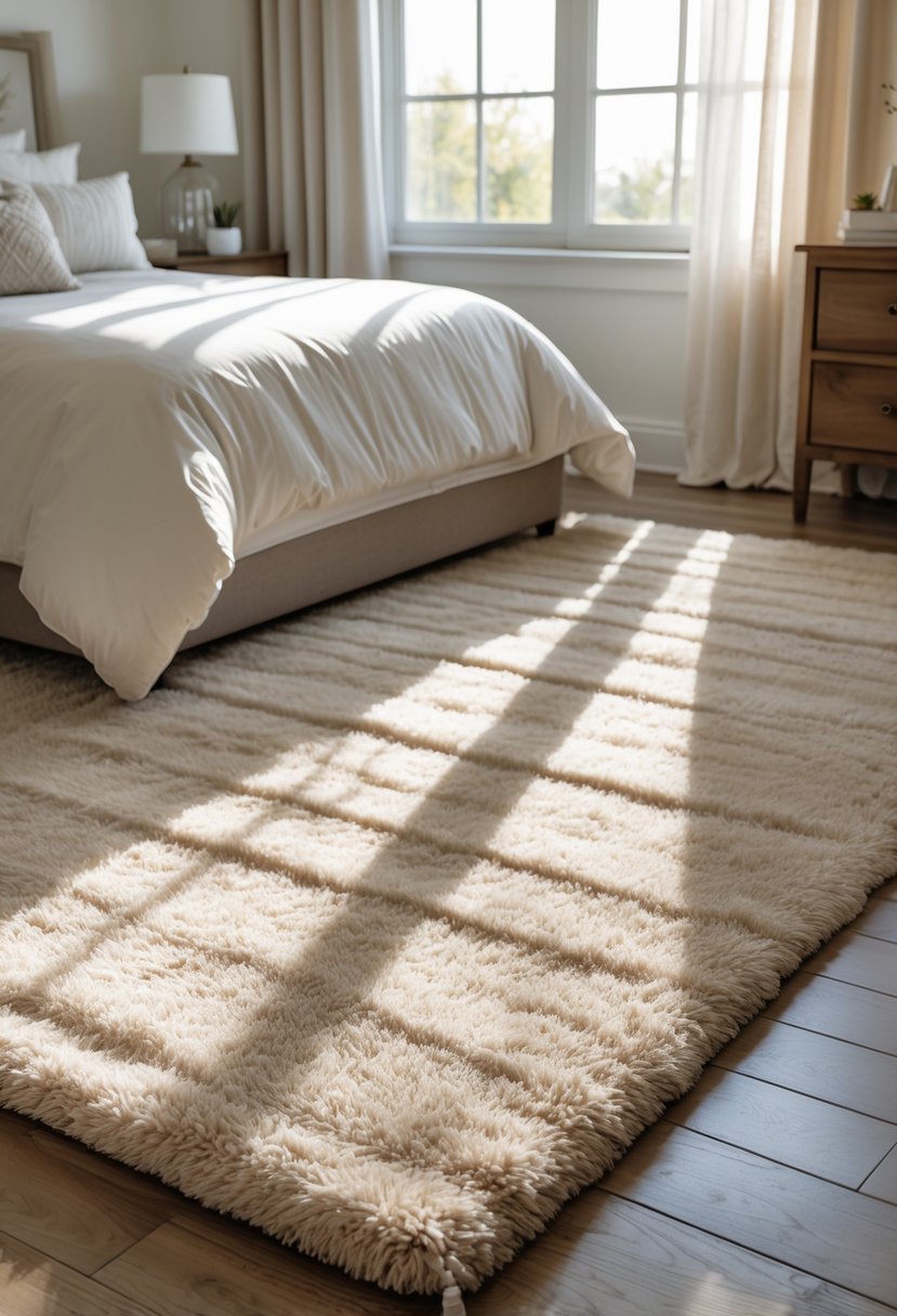 A bedroom with a large plush rug on the floor next to a neatly made bed and a nightstand with a lamp.
