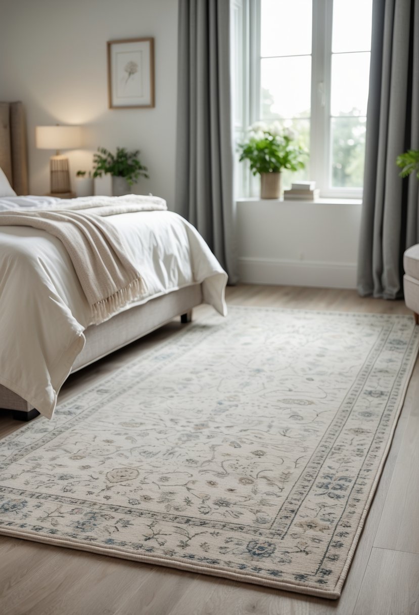 A bedroom with a neatly made bed and a patterned rug on the floor under soft natural light.
