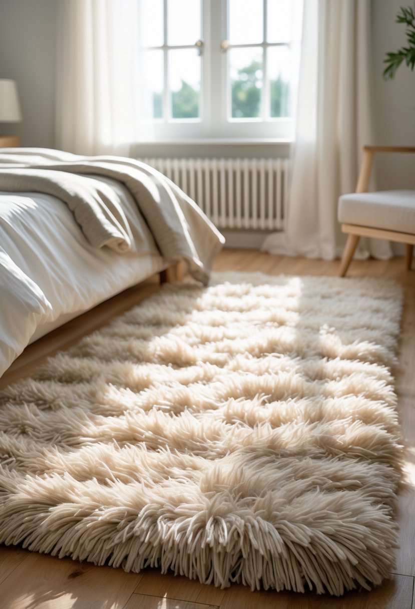A soft, fluffy shaggy area rug placed on a hardwood floor in a bedroom with a bed and natural light coming through a window.