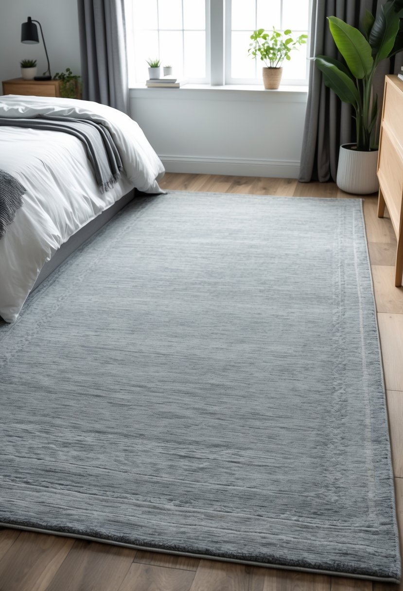 A bedroom with a large grey area rug on the floor, a bed, nightstand, and natural light coming through a window.