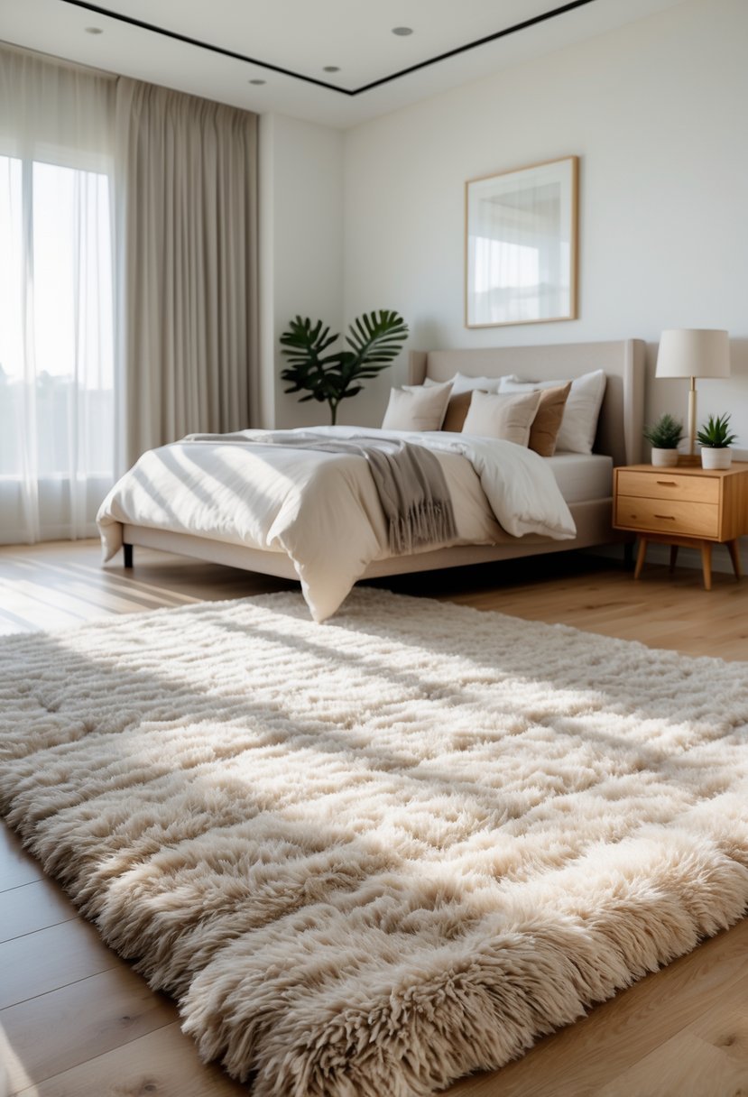 A modern bedroom with a large plush rug on the floor, a neatly made bed, and a nightstand with a plant and lamp.