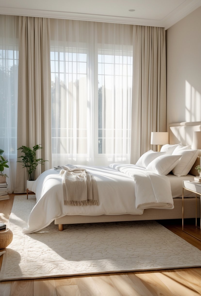 A neatly made bed in a bright bedroom with a large area rug placed partially under the bed, wooden floors, bedside tables, and natural light coming through windows.