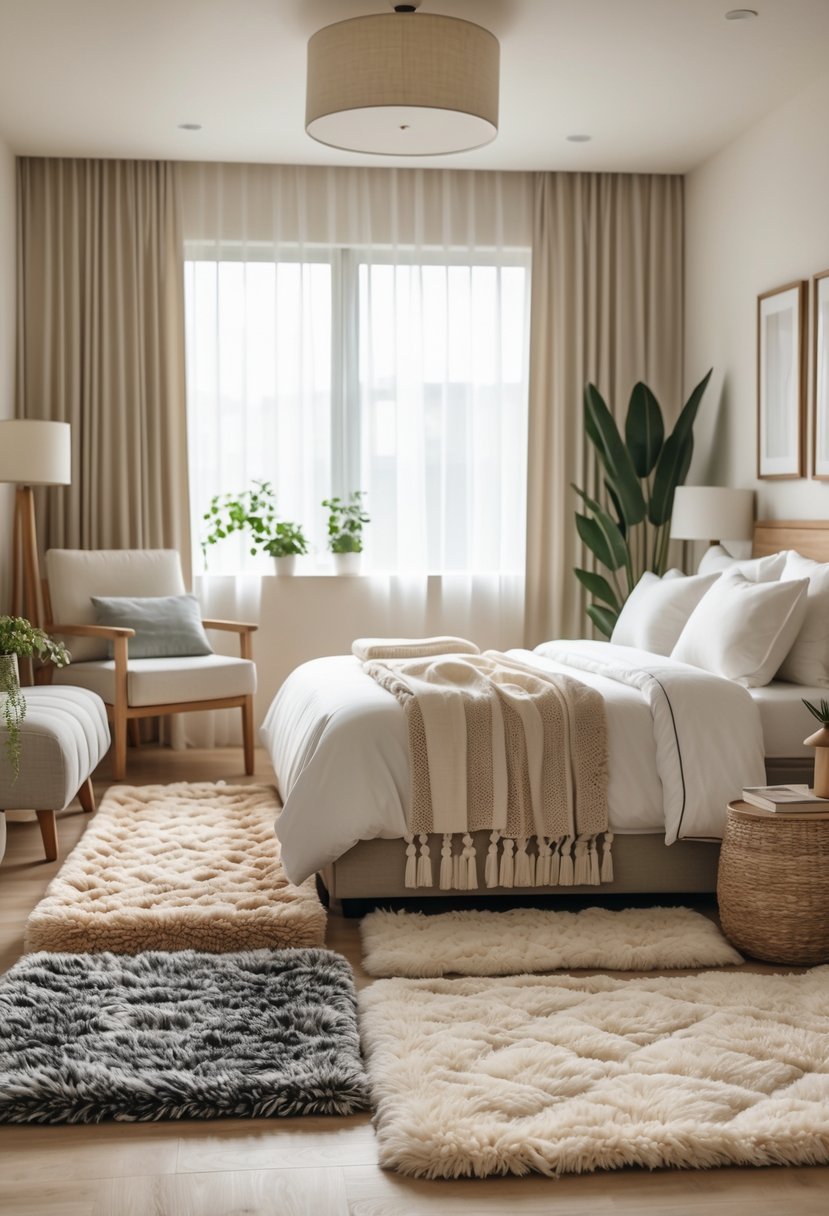 A bright bedroom with a made bed, multiple rugs on the floor, a nightstand with a lamp, an armchair, and plants near a window.