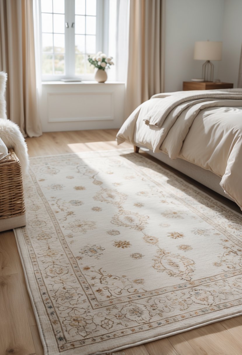 A cozy bedroom with a neatly made bed and a washable rug on the floor.
