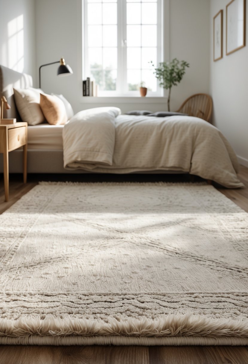 A cozy bedroom with a neatly made bed and a soft area rug on the floor.