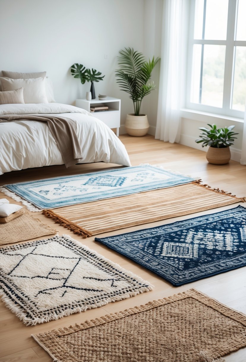 A bedroom with several different rugs displayed on the floor around a bed and furniture.