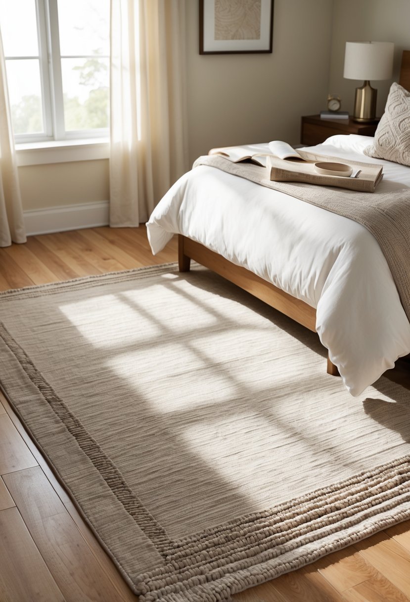 A bedroom with a large cotton blend rug on the wooden floor, a bed with white linens, and natural light coming through a window.
