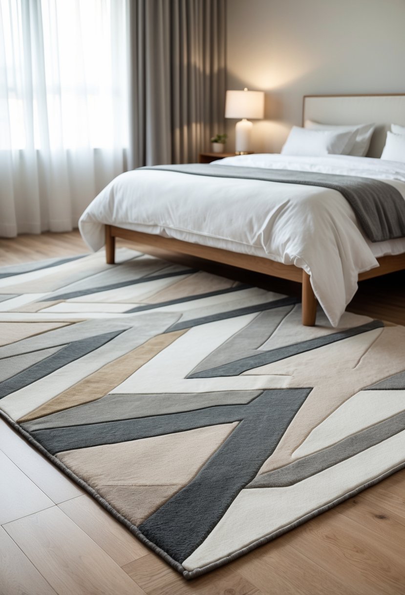 A bedroom with a large geometric patterned rug on the floor, a bed with white linens, and a nightstand with a lamp.