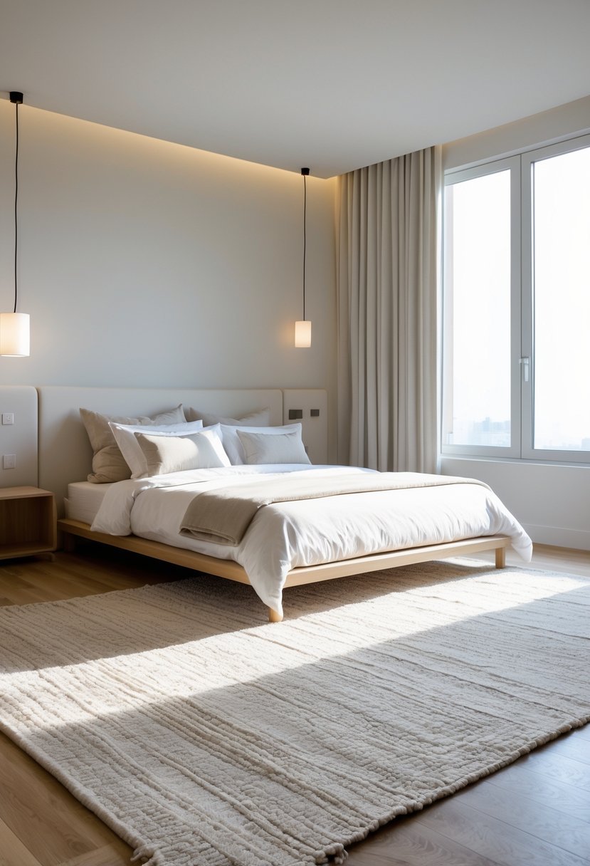 A bedroom with a neutral tone rug on the floor, a bed with white linens, a nightstand with a lamp, and natural light coming through a window.