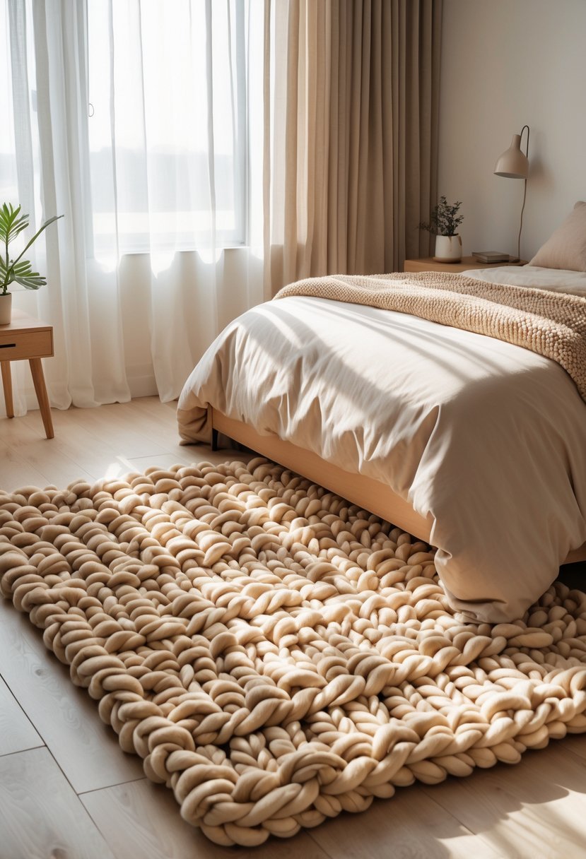 A bedroom with a bed and chunky knit rugs on the floor, bathed in natural light.