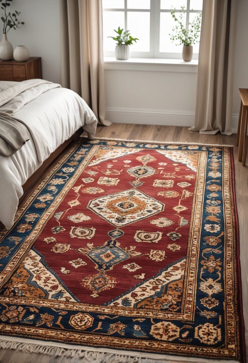 A bedroom with a bed and a patterned rug on the floor, softly lit by natural light.