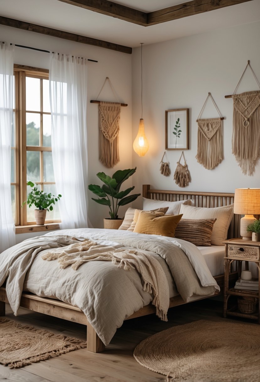 A bedroom with a wooden bed, pillows, natural light from windows, wooden floors, a rug, and a nightstand with a lamp and plants.