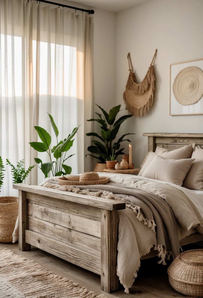 A bedroom with a wooden bed frame, soft bedding, plants, and warm natural light.