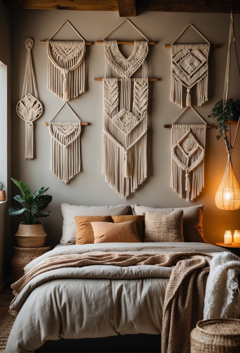 A cozy bedroom with a bed, wooden furniture, and multiple macramé wall hangings on the wall.