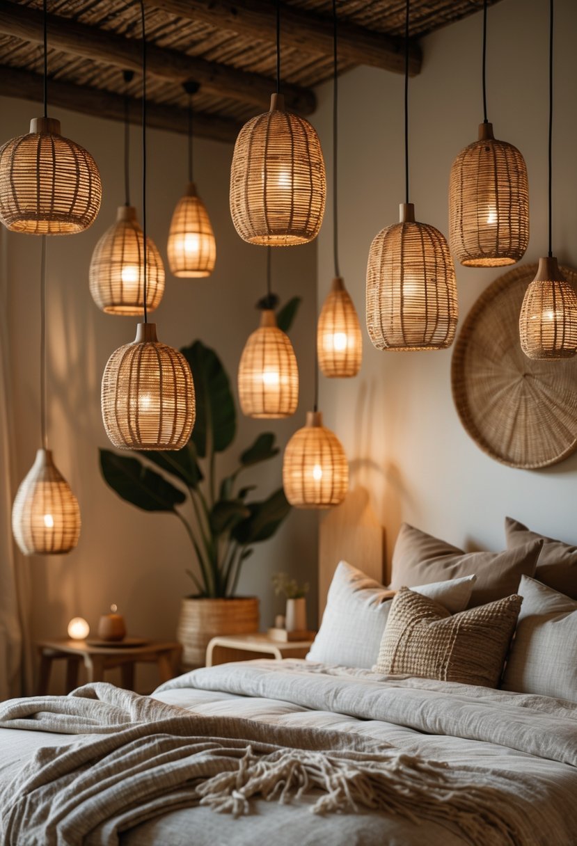 A bedroom with multiple rattan pendant lights hanging from the ceiling, a neatly made bed, and wooden furniture.