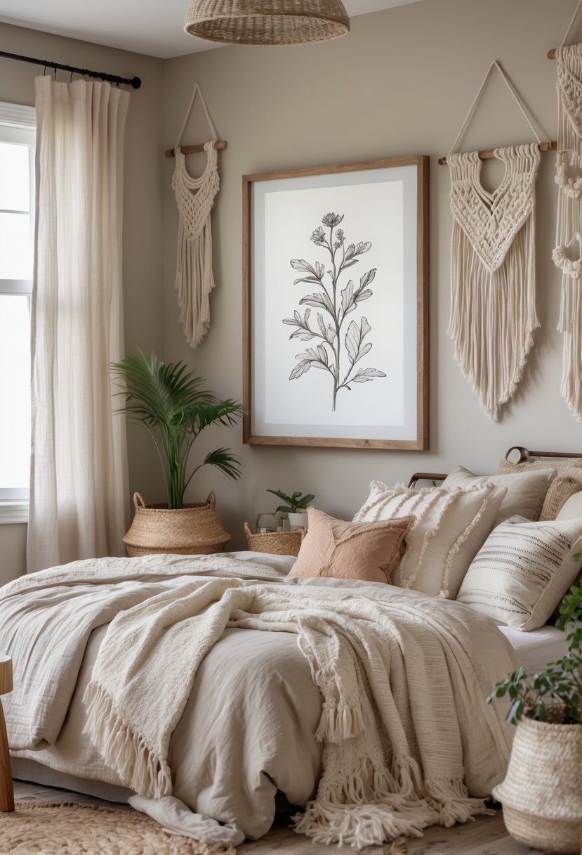 A cozy bedroom with a bed, natural wood furniture, indoor plants, and a framed botanical sketch hanging on the wall.