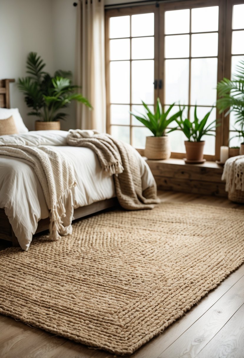 A bedroom with a woven jute rug on the floor, a bed with pillows, wooden furniture, and natural light coming through a window.