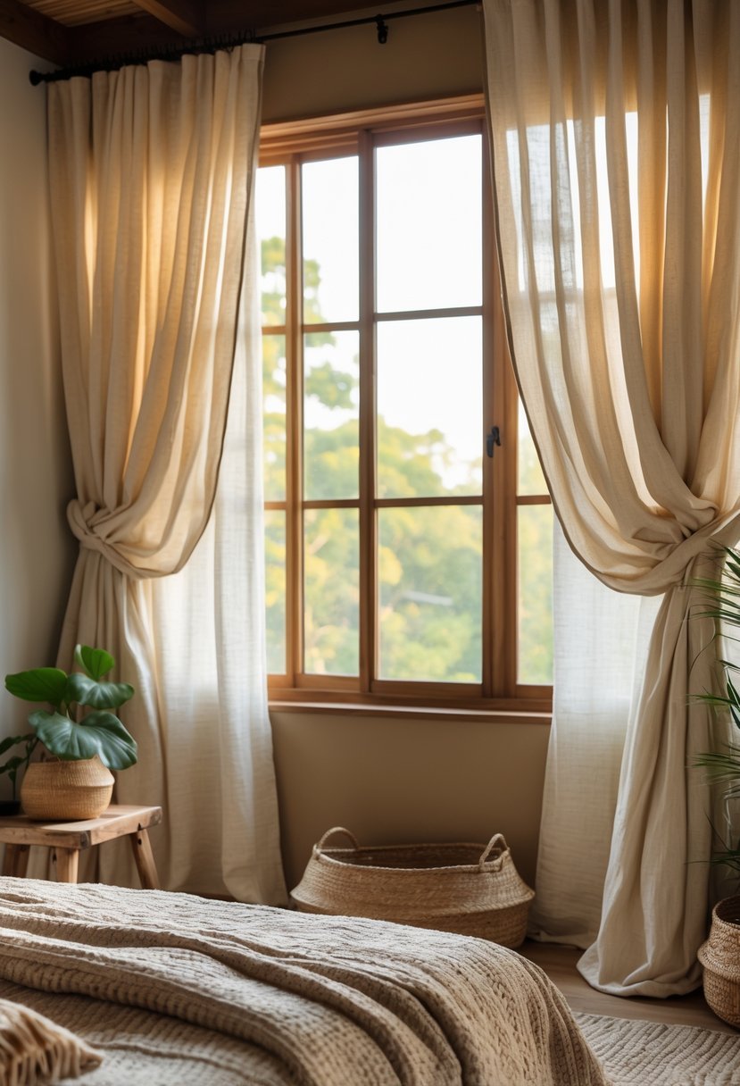 A bedroom with layered natural fabric curtains covering a window, a bed with pillows, wooden furniture, and plants.