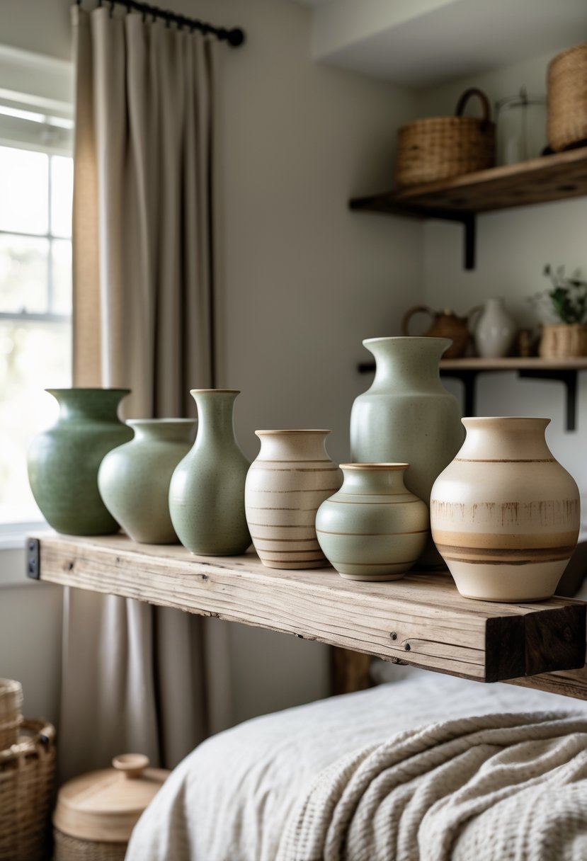 A collection of ceramic vases displayed on a wooden shelf in a bedroom with natural light and cozy furnishings.