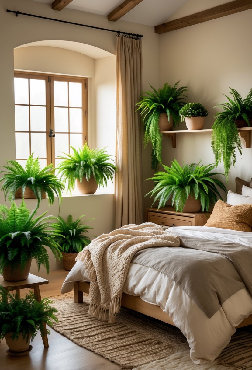 A bedroom with potted ferns placed around the room, a bed with pillows and blankets, wooden furniture, and natural light coming through a window.