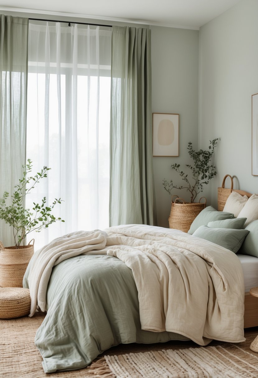 A bedroom with a large bed, soft natural light, wooden furniture, potted plants, and neutral-colored bedding.