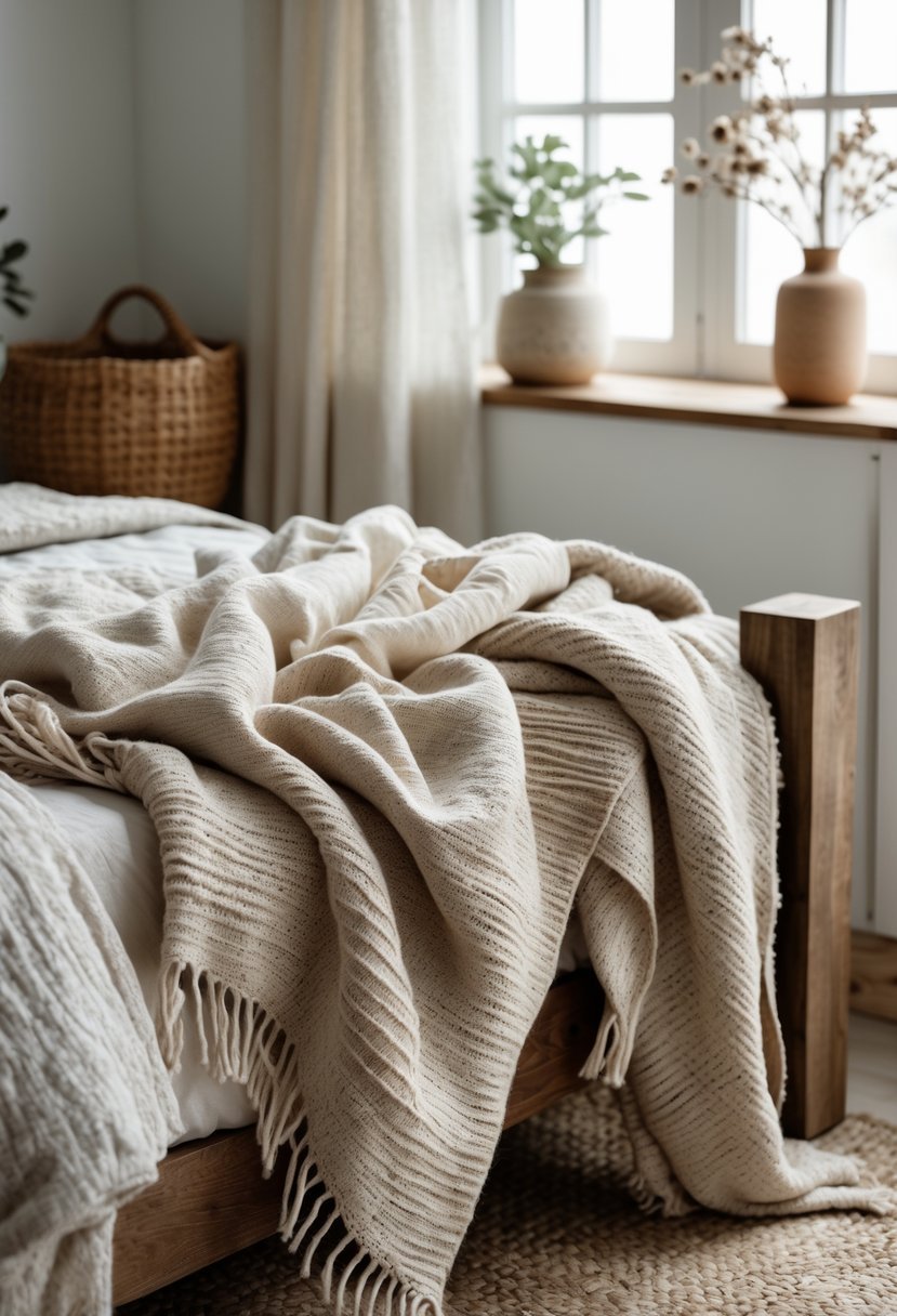 A cozy bedroom corner with textured natural fiber throw blankets draped over a wooden bed frame, surrounded by a woven basket, potted plant, and decorative vases.