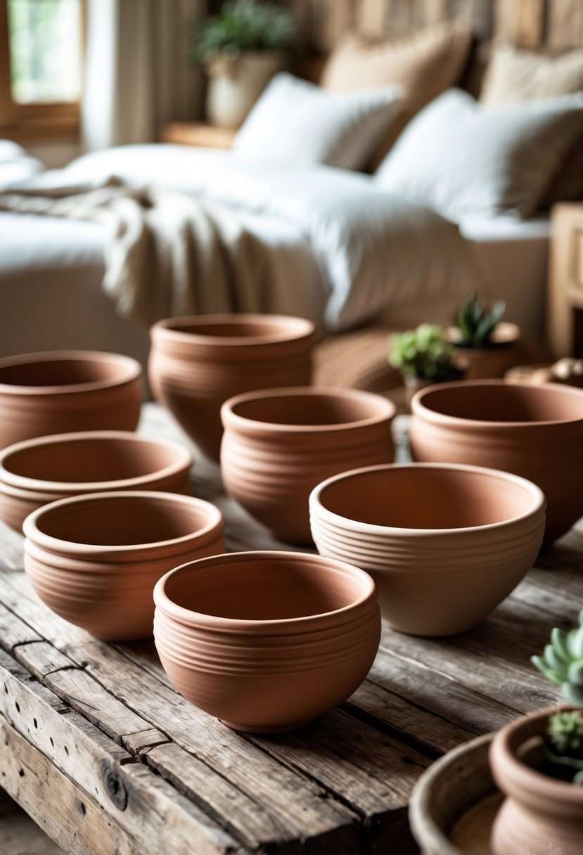 A collection of clay and terracotta decorative bowls arranged on a wooden surface with a bedroom scene in the background.