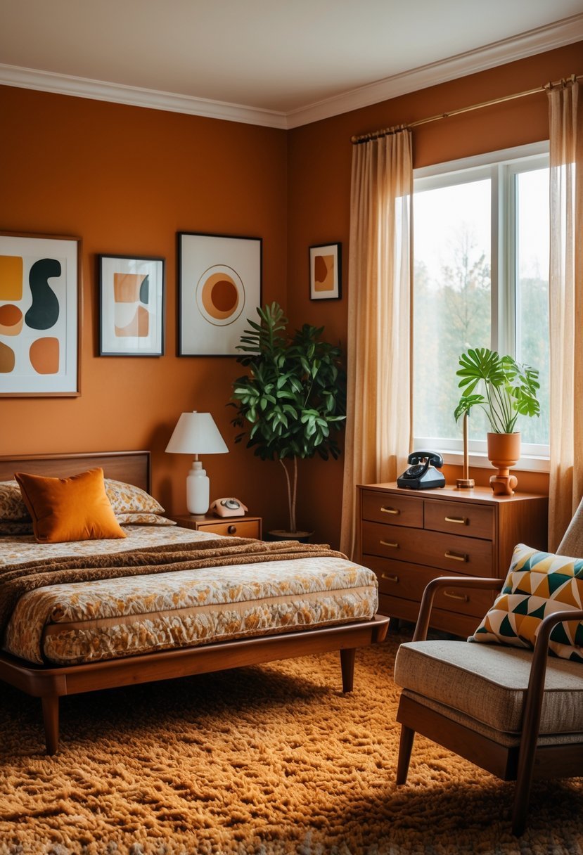 A bedroom with burnt orange walls, a bed with patterned bedding, wooden furniture, a lamp, and a potted plant.
