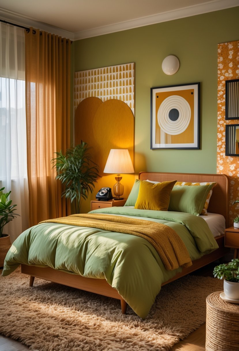 A bedroom with a bed, wooden furniture, avocado green bedding, retro decorations, and natural light coming through a window.