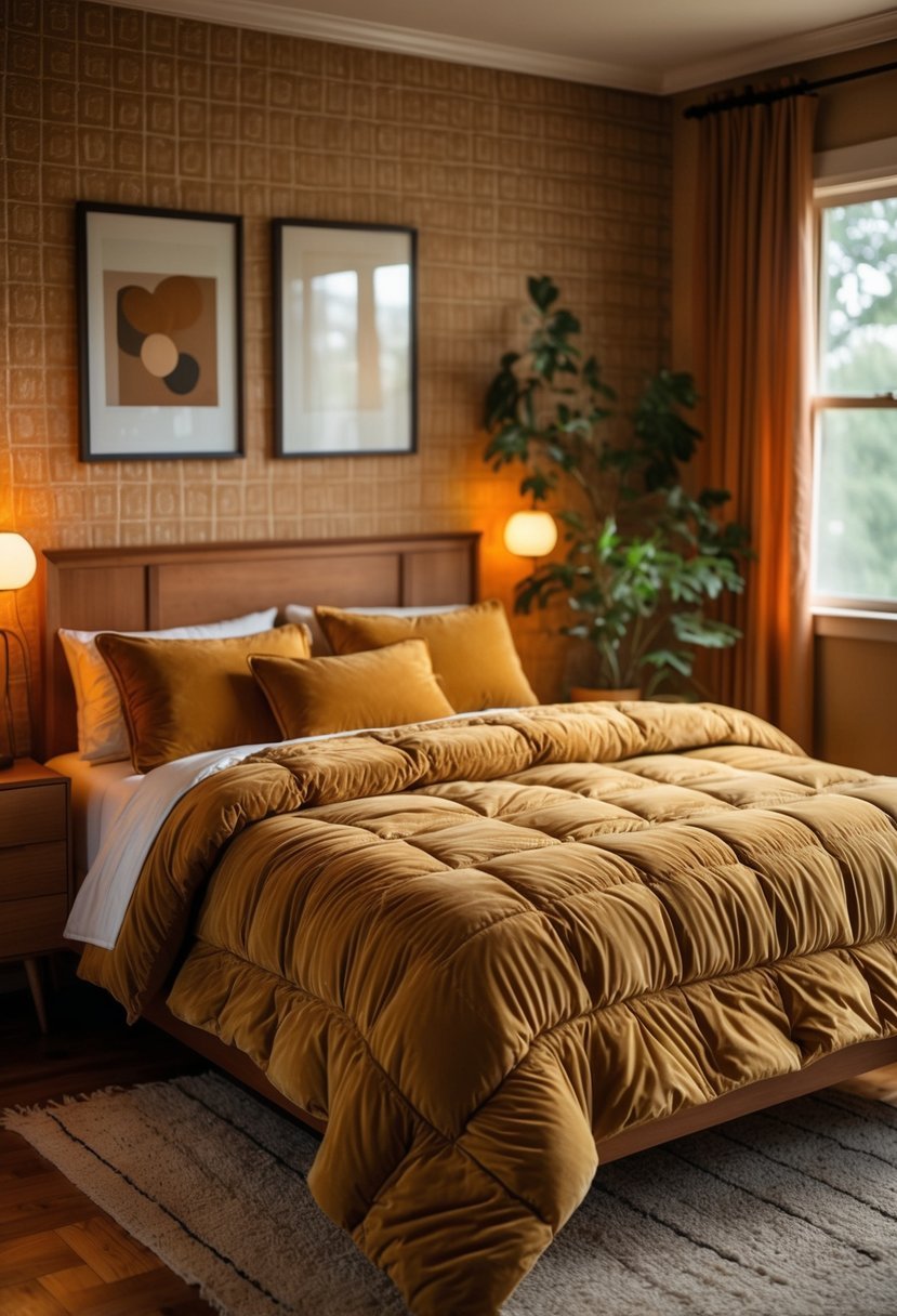 A neatly made bed with harvest gold bedding in a warmly lit bedroom with wooden furniture and patterned wallpaper.