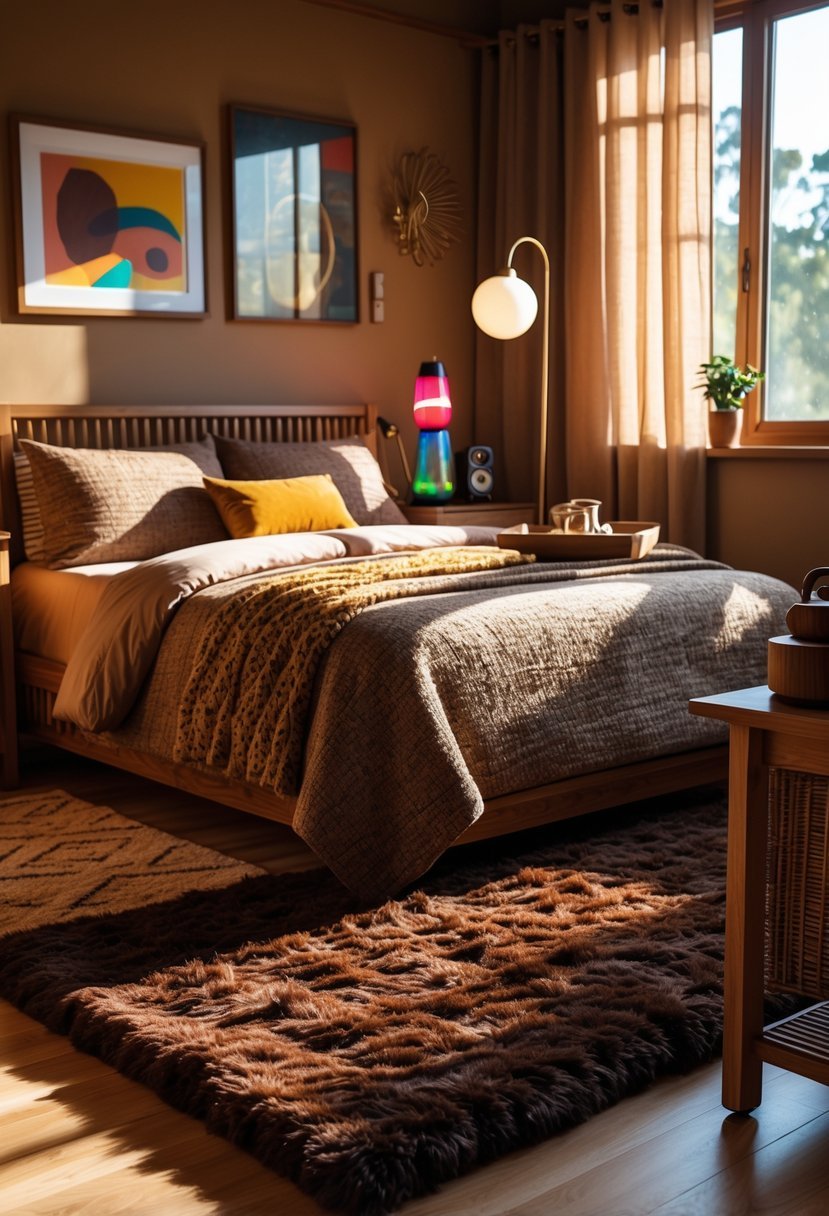 A bedroom with a chocolate brown shag rug, wooden furniture, a made bed, and warm lighting.