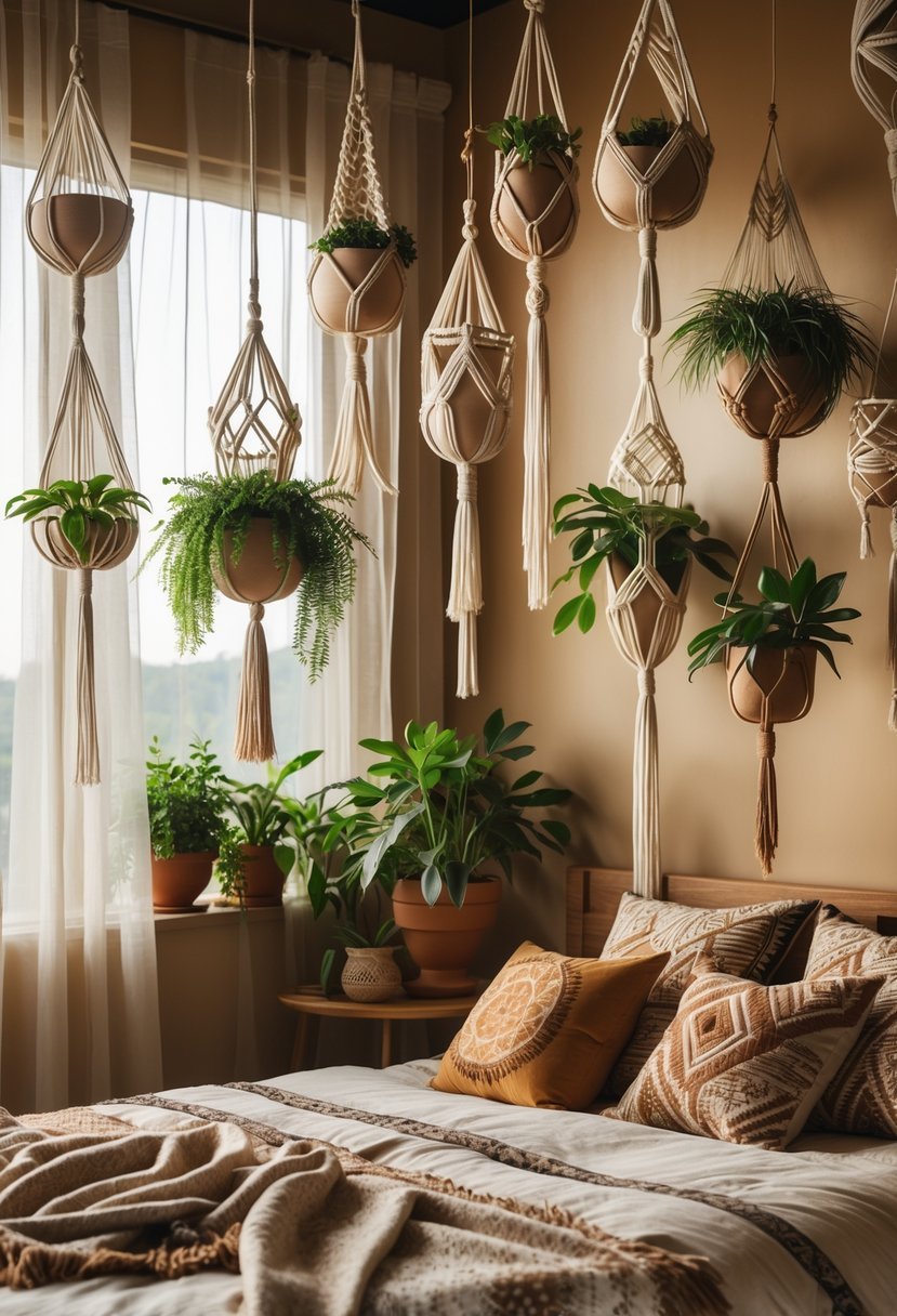 Bedroom with multiple hanging plant holders displaying green plants, warm lighting, and wooden furniture.