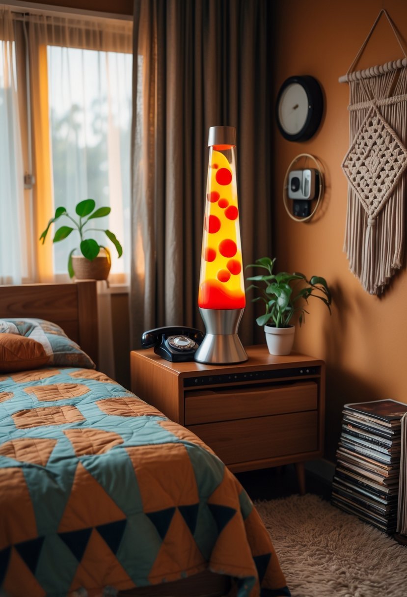 A cozy bedroom with a glowing vintage lava lamp on a wooden nightstand, surrounded by 1970s style furniture and decor.