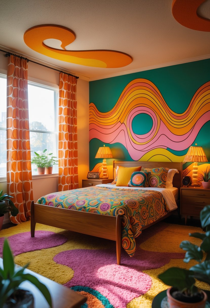 A 1970s bedroom with colorful psychedelic wall art, vintage furniture, patterned bedspread, and warm lighting.